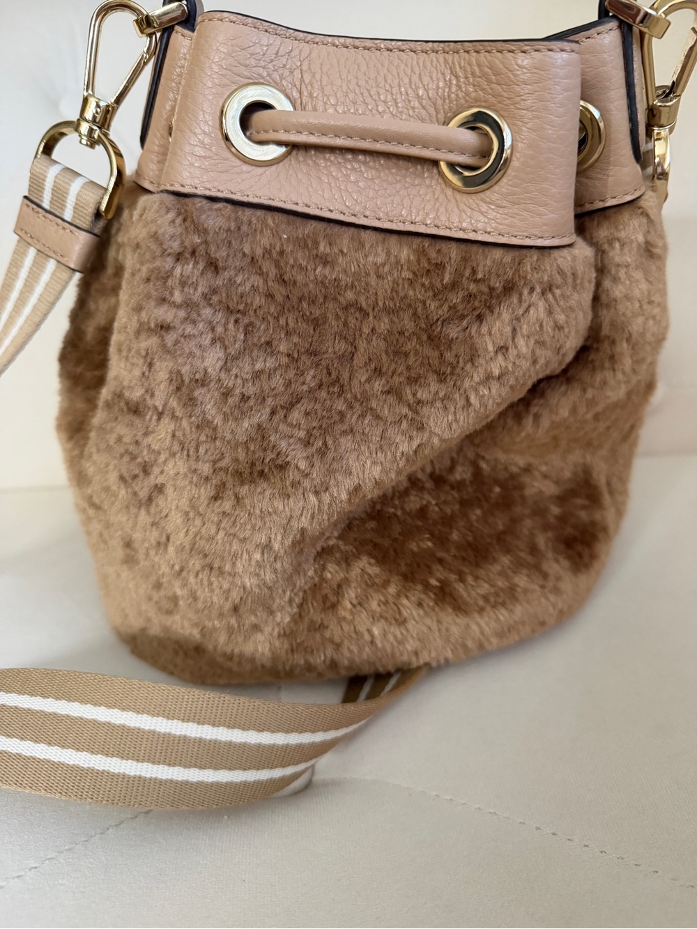 kate spade Brown Faux Fur Drawstring Crossbody w/Striped Strap with coin purse - Picture 5 of 9